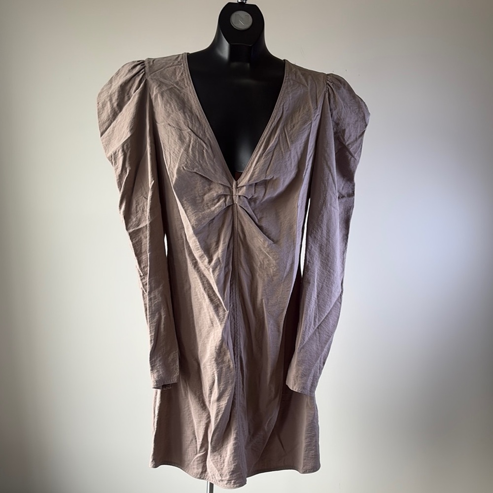 Wilfred Mauve-Taupe Midi Dress with V-Neck and Gathered Front